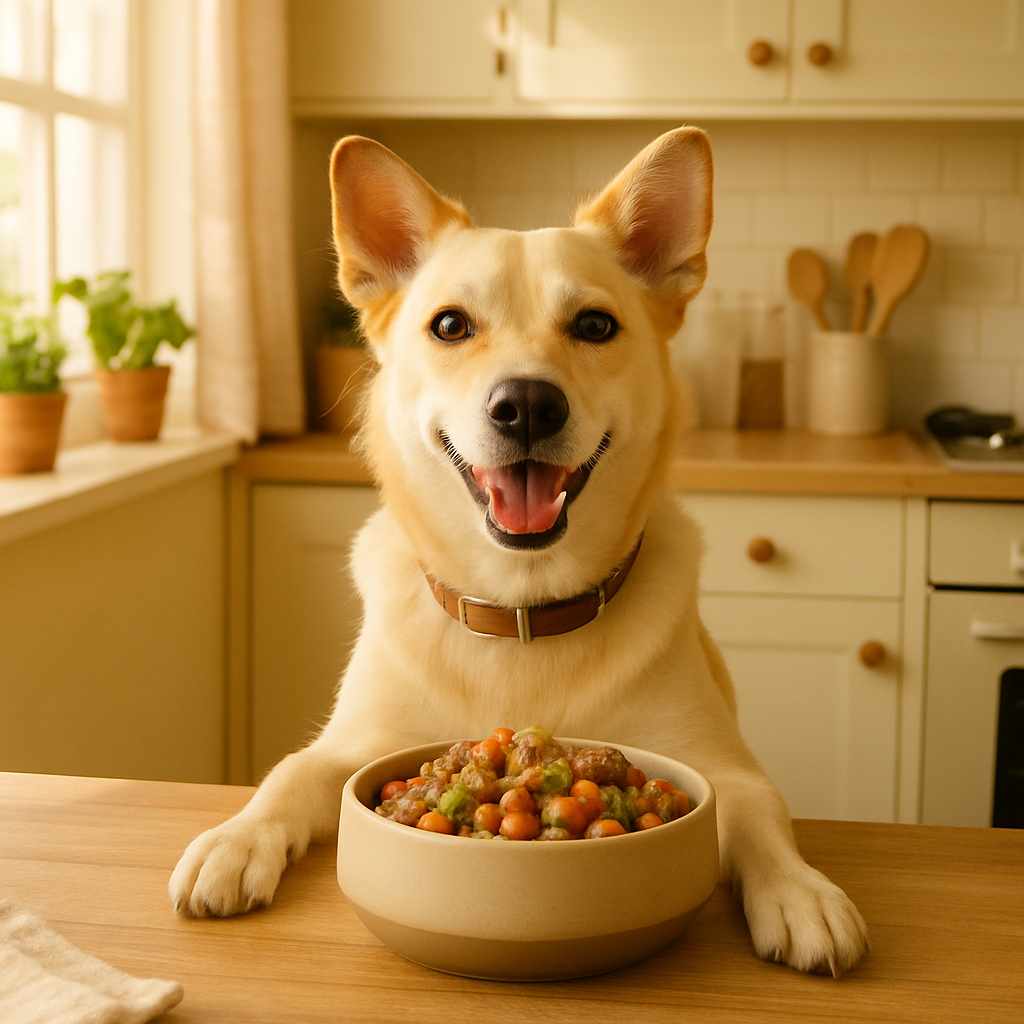 A happy dog enjoying a meal