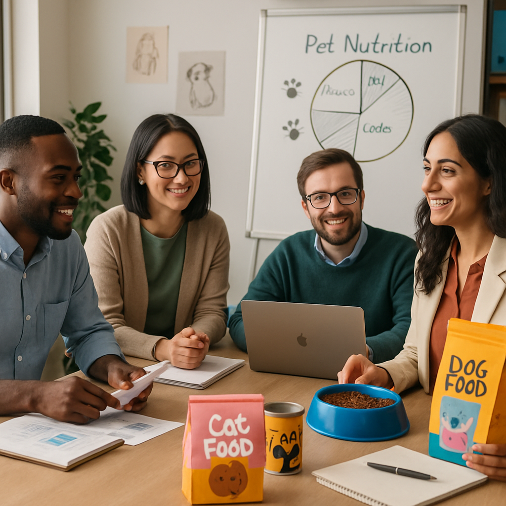 A diverse team of pet food experts collaborating